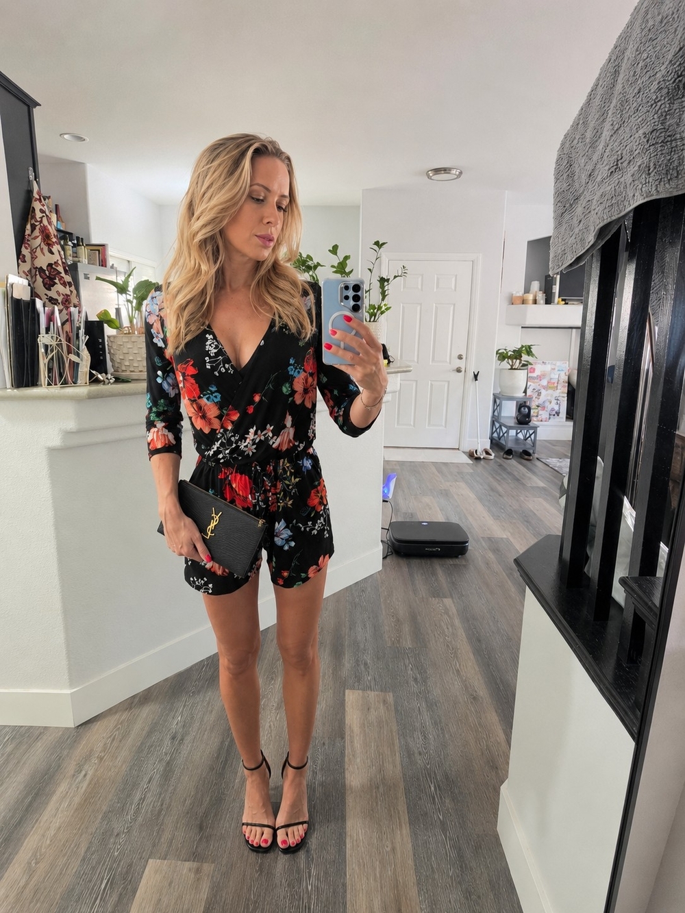 Floral Black Surplice Romper - Black Red Floral
